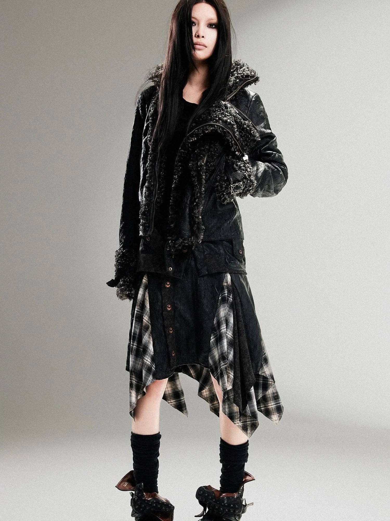 Vintage Punk Double Zip Leather Jacket With Wool Lining For Women