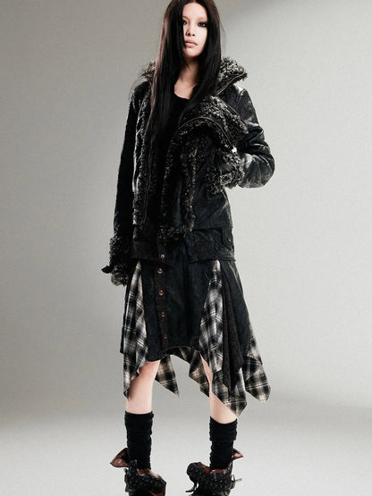 Vintage Punk Double Zip Leather Jacket With Wool Lining For Women