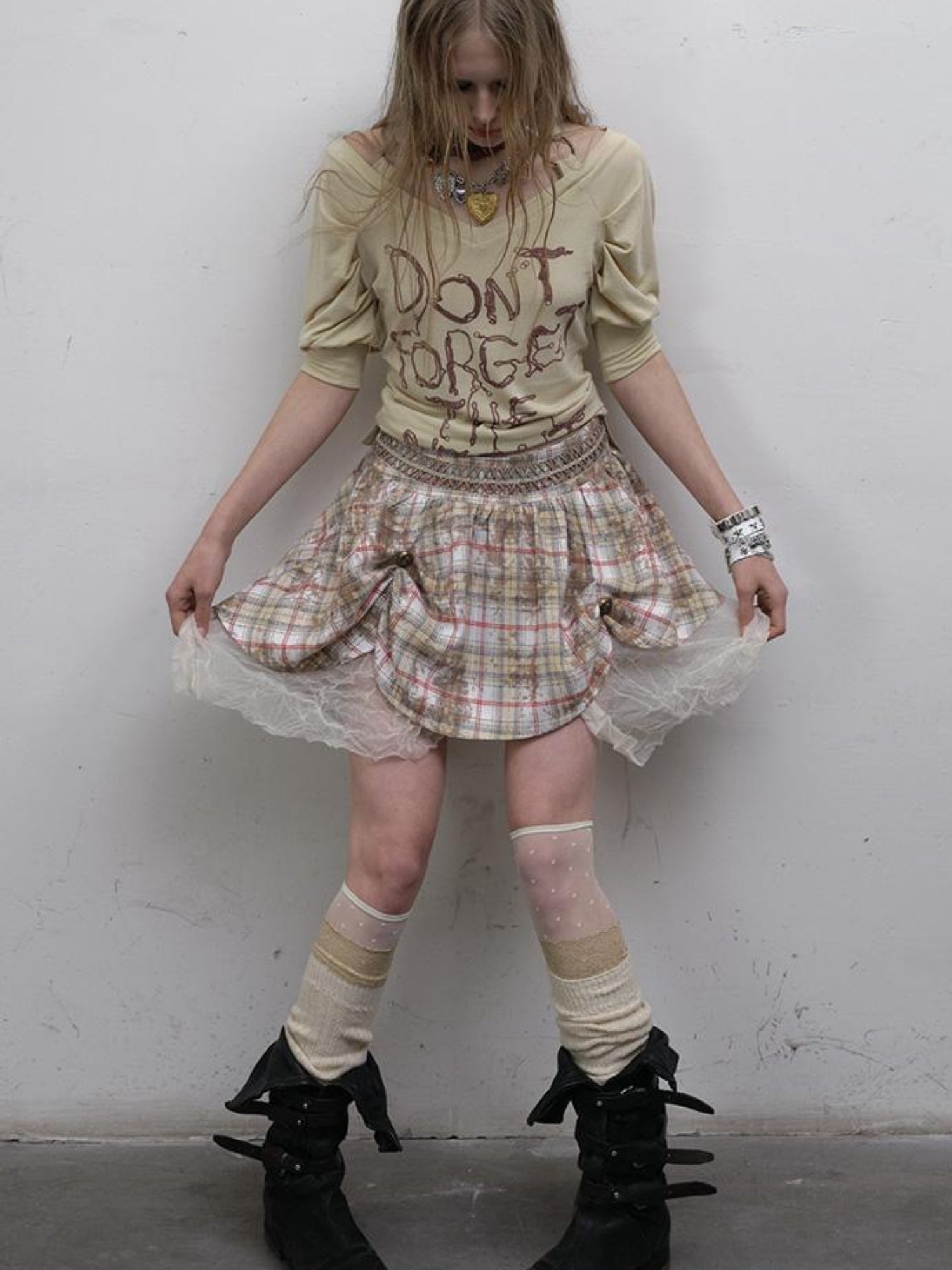 NO ROMANCE Vintage Punk Gothic Plaid Puffy Skirt