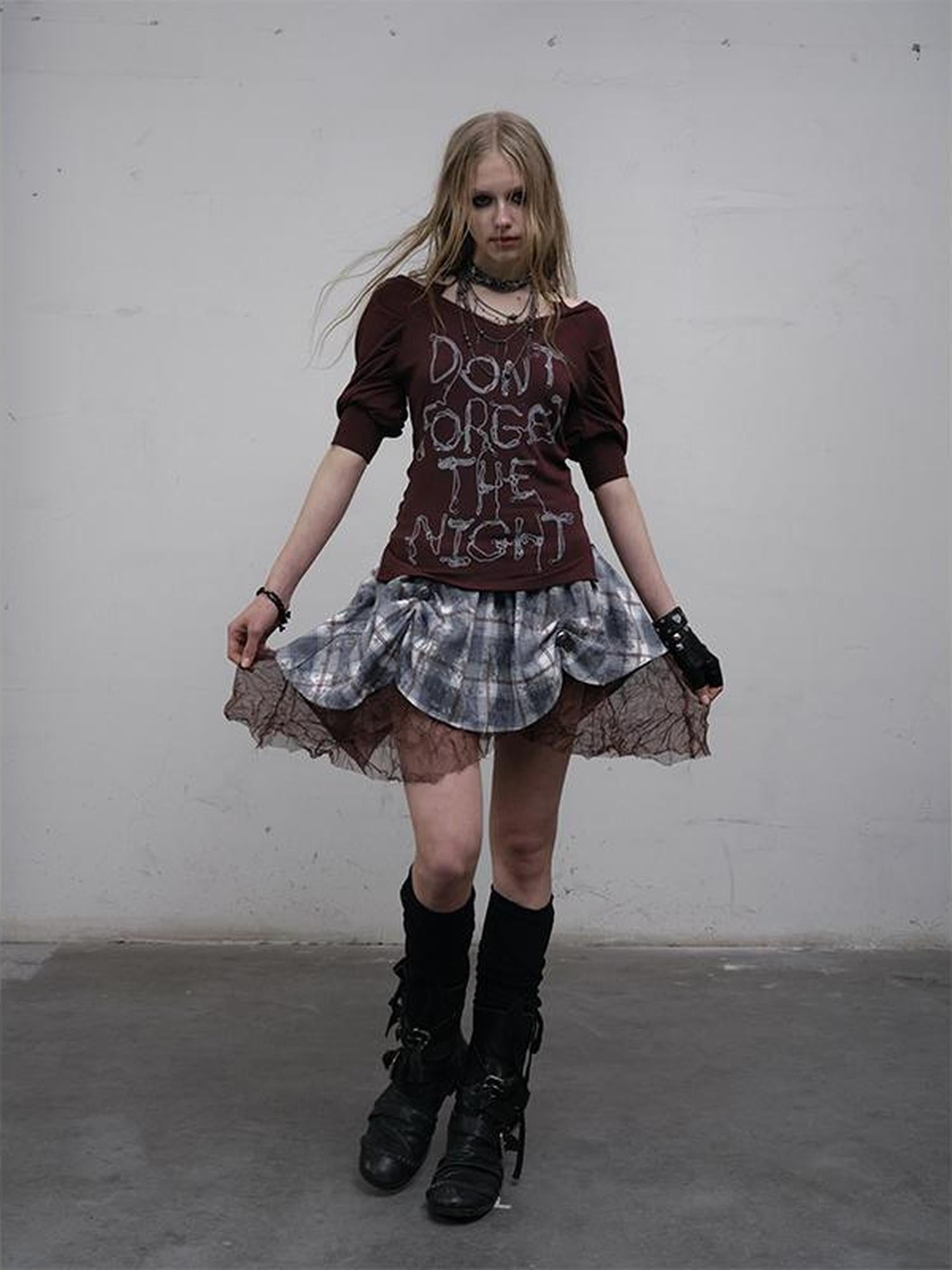 NO ROMANCE Vintage Punk Gothic Plaid Puffy Skirt