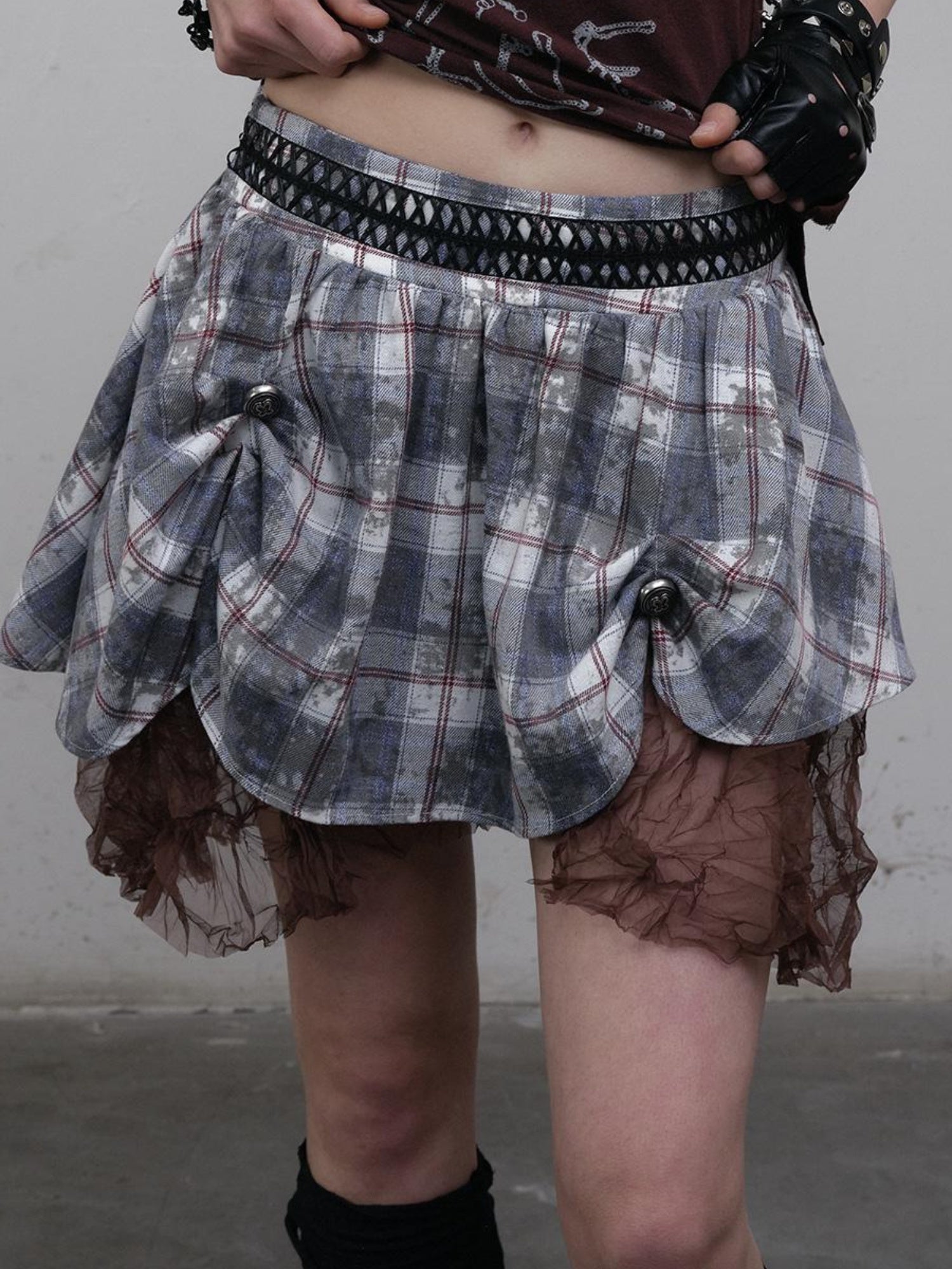 NO ROMANCE Vintage Punk Gothic Plaid Puffy Skirt