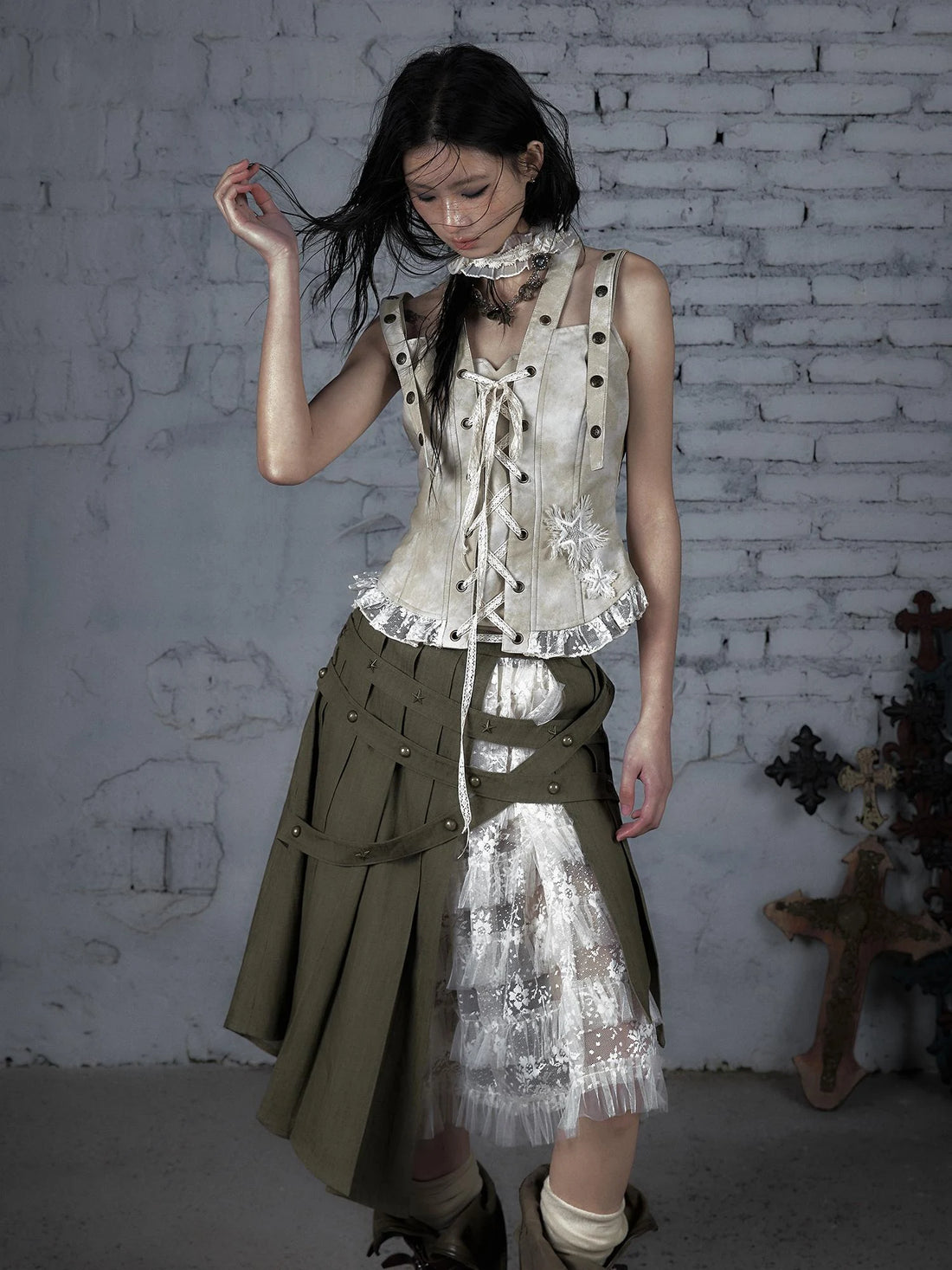 Vintage Punk Lace-Up Corset Bustier Cropped Leather Jacket Top