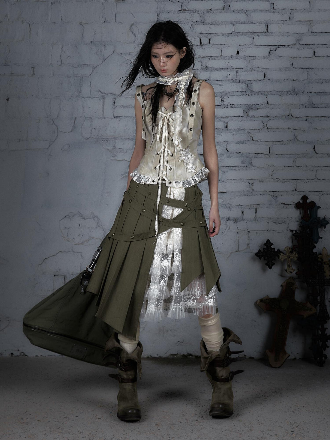 NO ROMANCE Vintage Punk Lace-Up Corset Bustier Cropped Leather Jacket Top