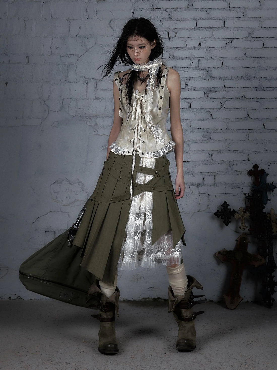 Vintage Punk Lace-Up Corset Bustier Cropped Leather Jacket Top