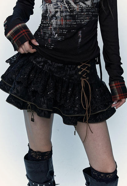 Vintage Punk Lace-Up Suede Mini A-Line Skirt Dresses