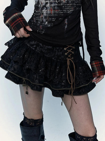 Vintage Punk Lace-Up Suede Mini A-Line Skirt Dresses
