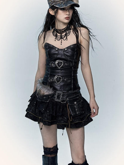 Vintage Punk Lace-Up Suede Mini A-Line Skirt Dresses