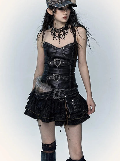 Vintage Punk Lace-Up Suede Mini A-Line Skirt Dresses