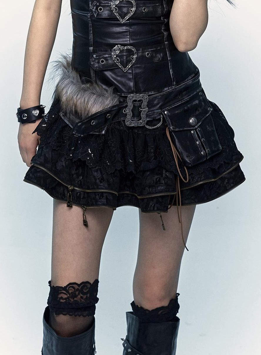 Vintage Punk Lace-Up Suede Mini A-Line Skirt Dresses