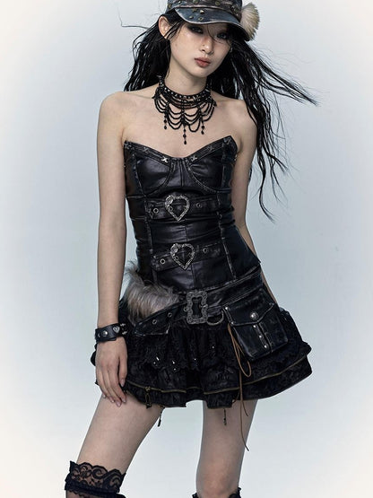 Vintage Punk Lace-Up Suede Mini A-Line Skirt Dresses