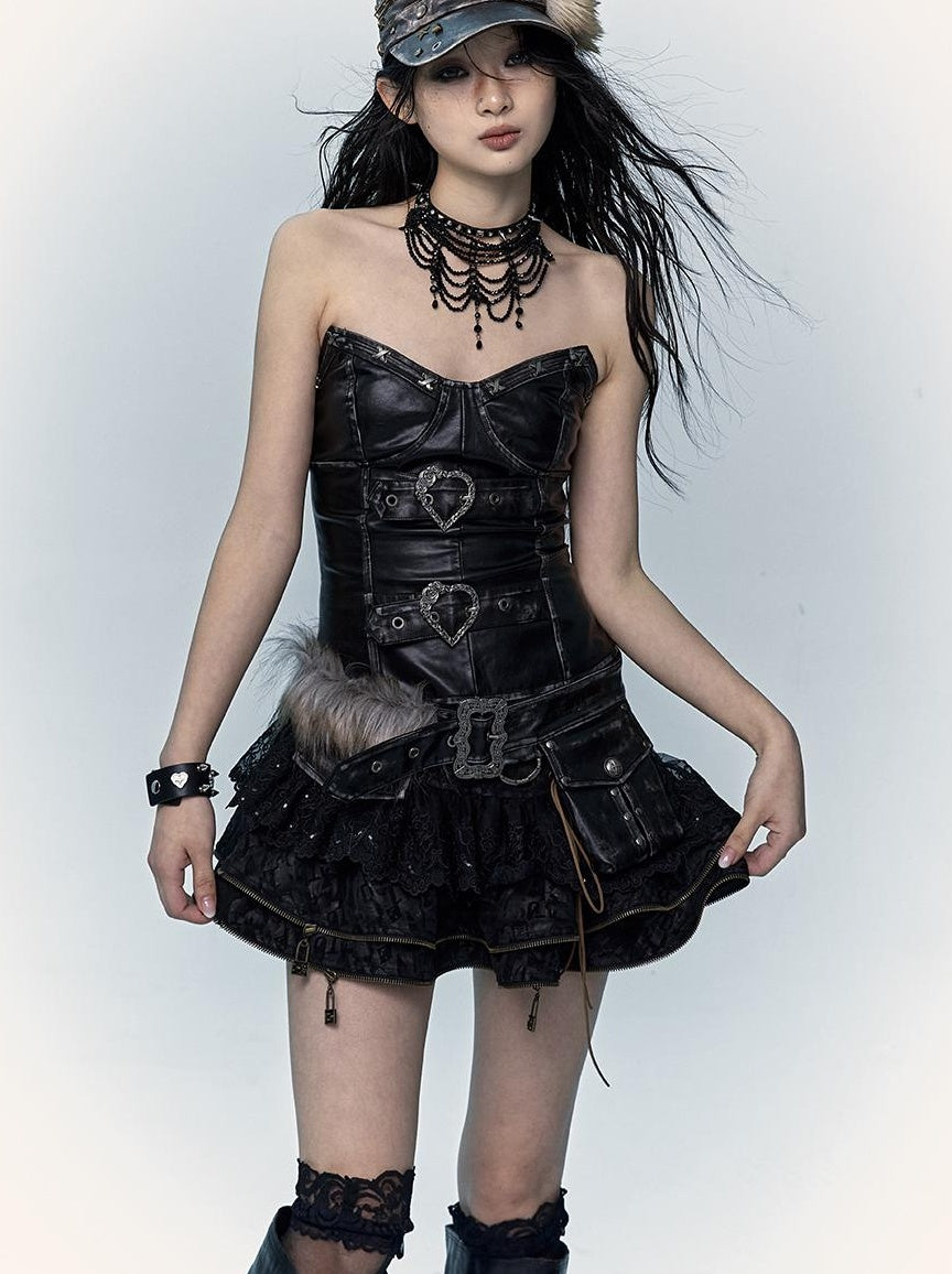 Vintage Punk Lace-Up Suede Mini A-Line Skirt Dresses
