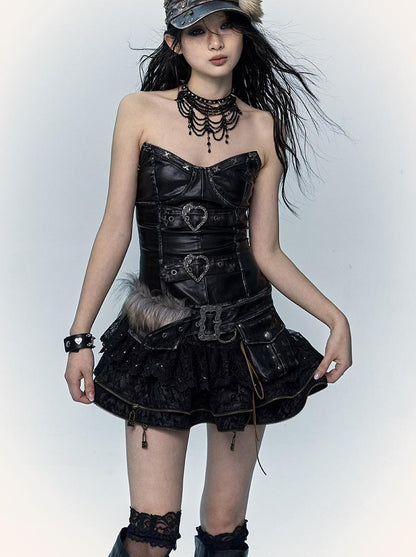 Vintage Punk Lace-Up Suede Mini A-Line Skirt Dresses
