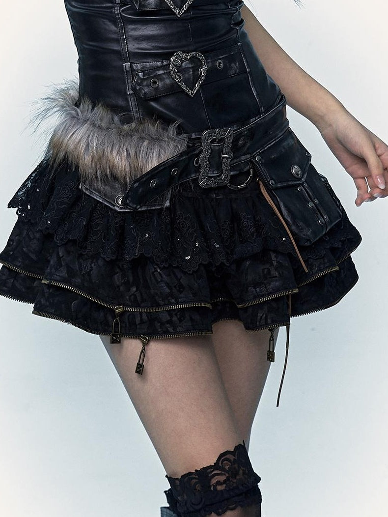 Vintage Punk Lace-Up Suede Mini A-Line Skirt Dresses
