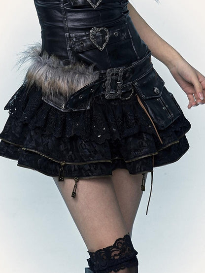 Vintage Punk Lace-Up Suede Mini A-Line Skirt Dresses