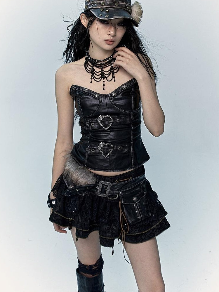 Vintage Punk Lace-Up Suede Mini A-Line Skirt Dresses