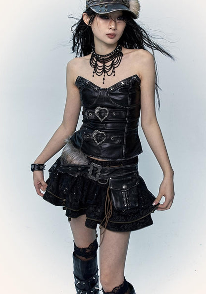 Vintage Punk Lace-Up Suede Mini A-Line Skirt Dresses