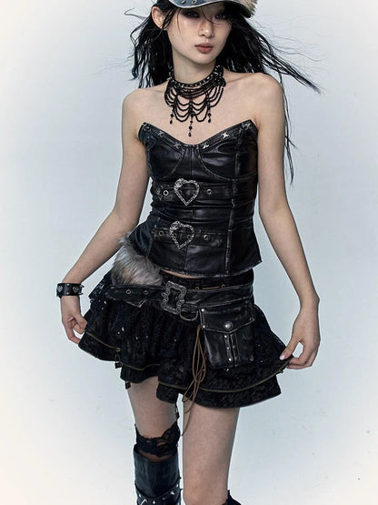 Vintage Punk Lace-Up Suede Mini A-Line Skirt Dresses