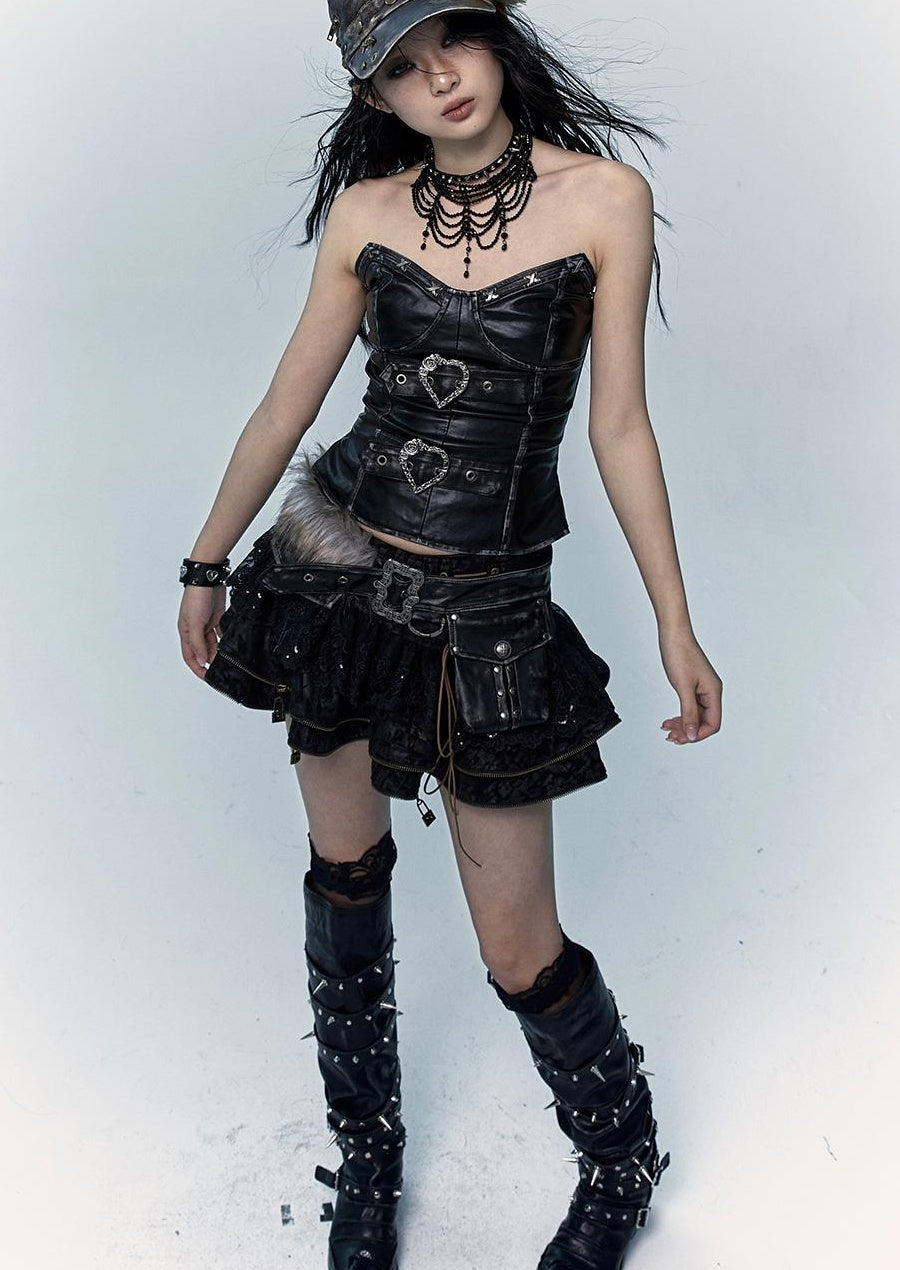 Vintage Punk Lace-Up Suede Mini A-Line Skirt Dresses
