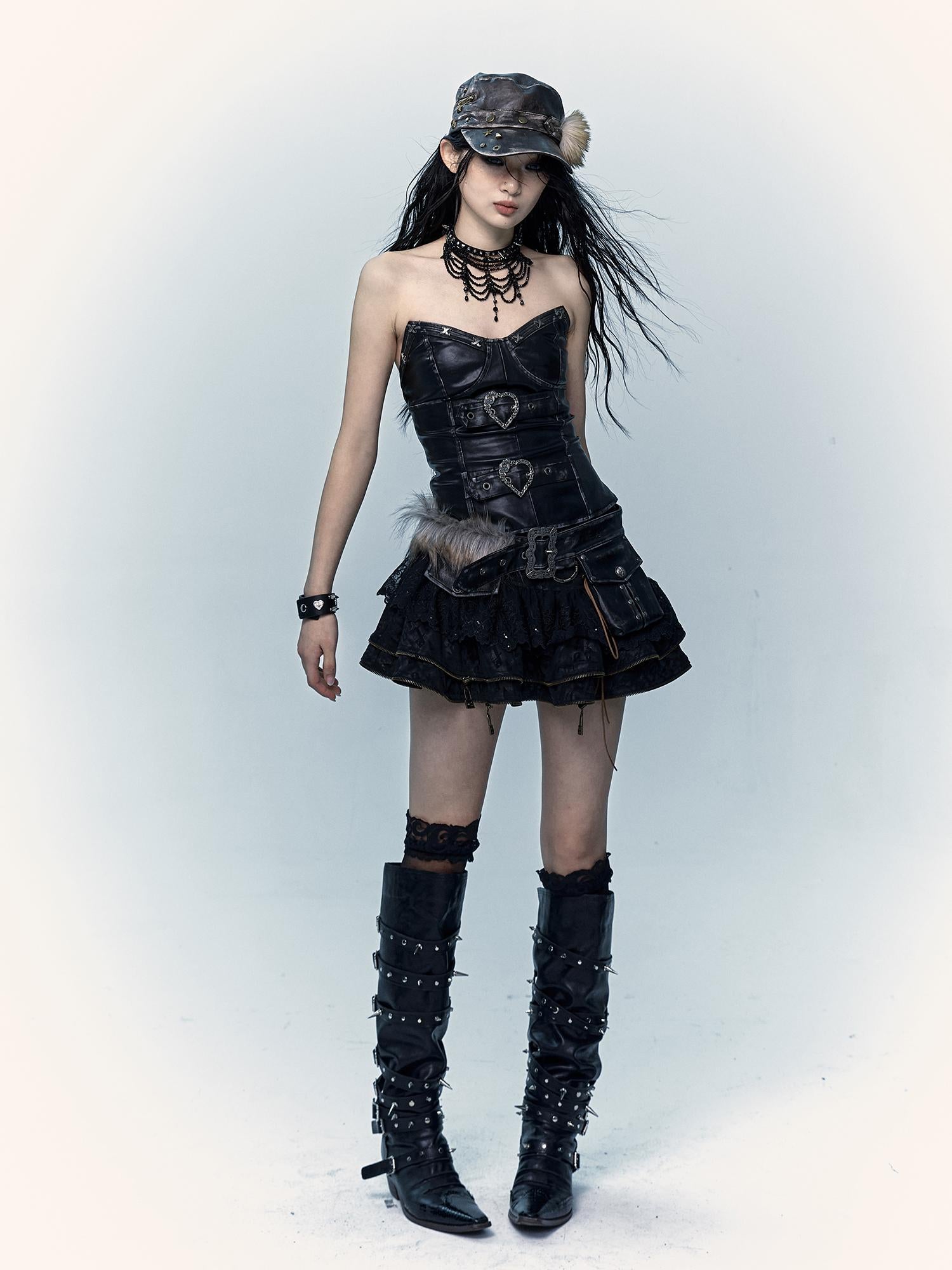 Vintage Punk Lace-Up Suede Mini A-Line Skirt Dresses