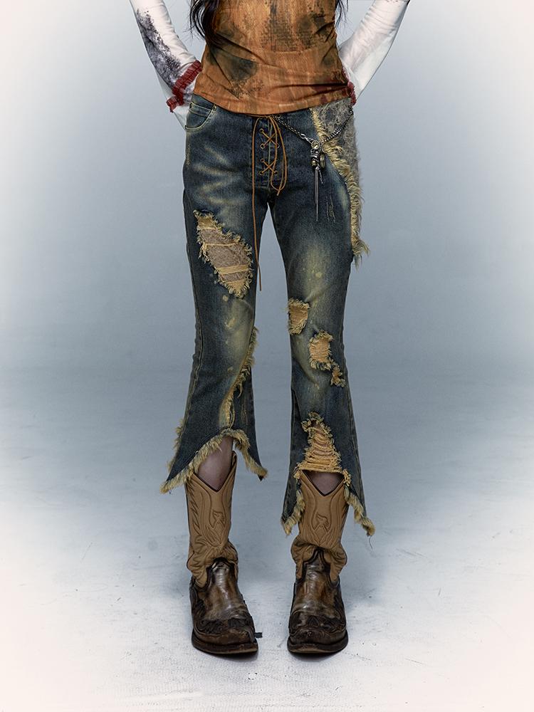 Vintage Punk Lace Distressed Washed Skinny Flared Capri Pants