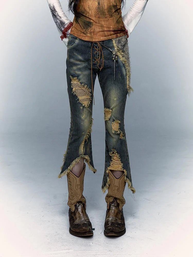 Vintage Punk Lace Distressed Washed Skinny Flared Capri Pants