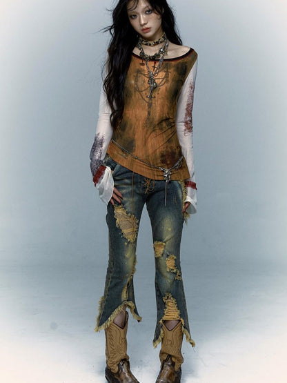 Vintage Punk Lace Distressed Washed Skinny Flared Capri Pants