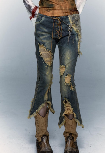 Vintage Punk Lace Distressed Washed Skinny Flared Capri Pants