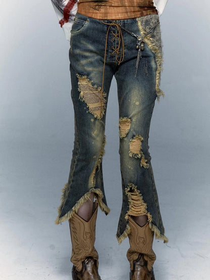 Vintage Punk Lace Distressed Washed Skinny Flared Capri Pants