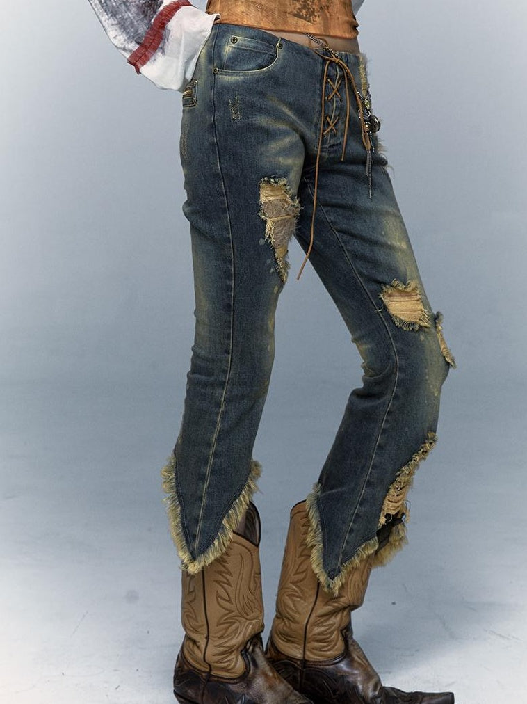 Vintage Punk Lace Distressed Washed Skinny Flared Capri Pants