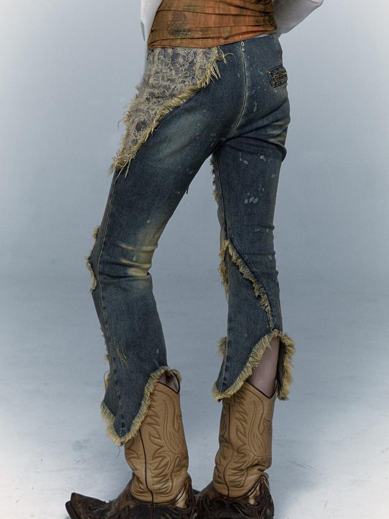Vintage Punk Lace Distressed Washed Skinny Flared Capri Pants