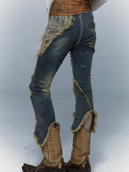 Vintage Punk Lace Distressed Washed Skinny Flared Capri Pants