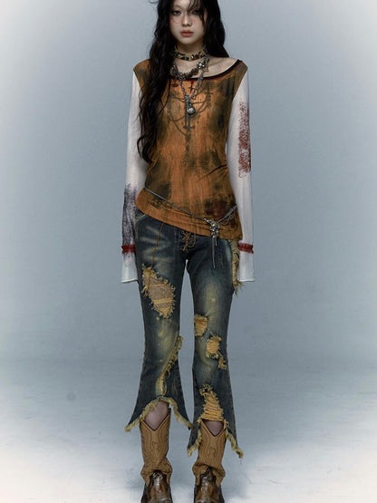 Vintage Punk Lace Distressed Washed Skinny Flared Capri Pants