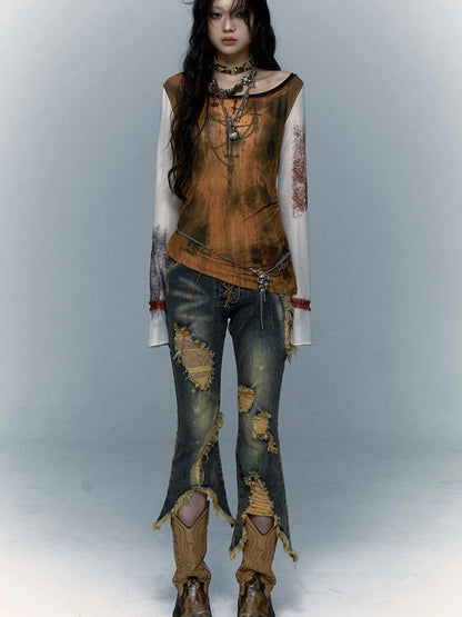 Vintage Punk Lace Distressed Washed Skinny Flared Capri Pants
