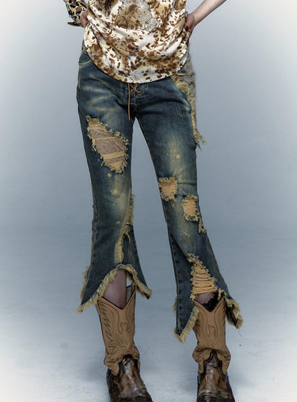 Vintage Punk Lace Distressed Washed Skinny Flared Capri Pants