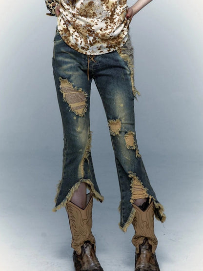 Vintage Punk Lace Distressed Washed Skinny Flared Capri Pants