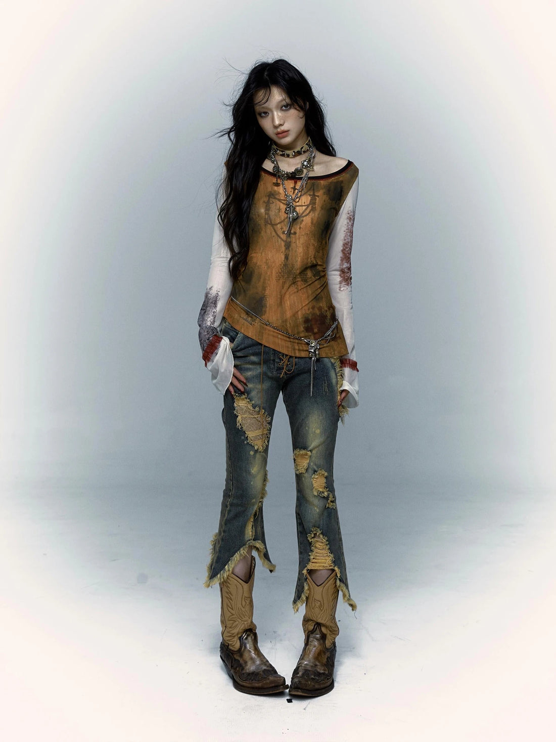 Vintage Punk Lace Distressed Washed Skinny Flared Capri Pants