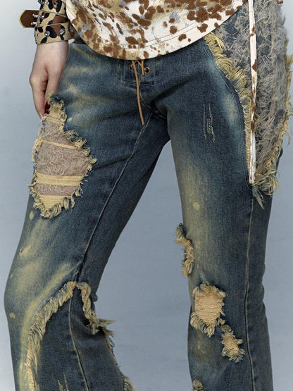 Vintage Punk Lace Distressed Washed Skinny Flared Capri Pants