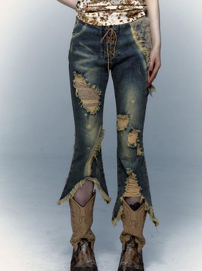 Vintage Punk Lace Distressed Washed Skinny Flared Capri Pants