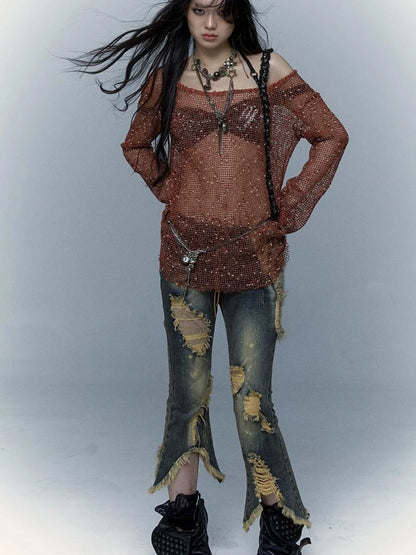 Vintage Punk Lace Distressed Washed Skinny Flared Capri Pants