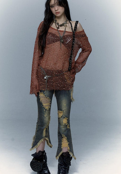 Vintage Punk Lace Distressed Washed Skinny Flared Capri Pants