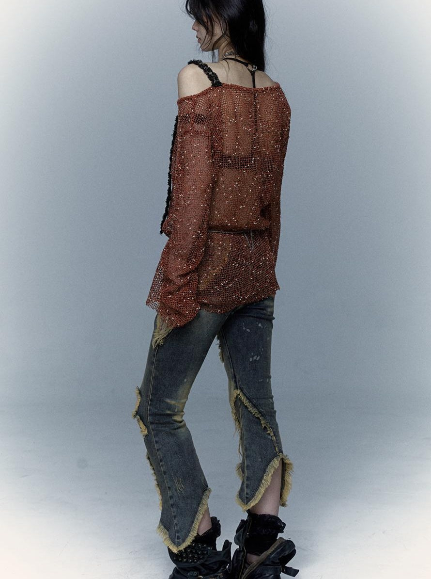 Vintage Punk Lace Distressed Washed Skinny Flared Capri Pants