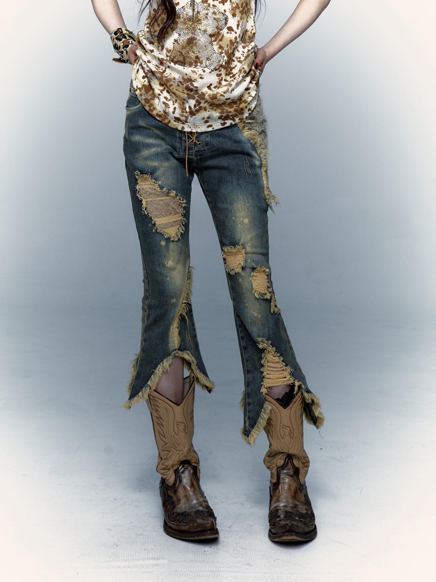 Vintage Punk Lace Distressed Washed Skinny Flared Capri Pants