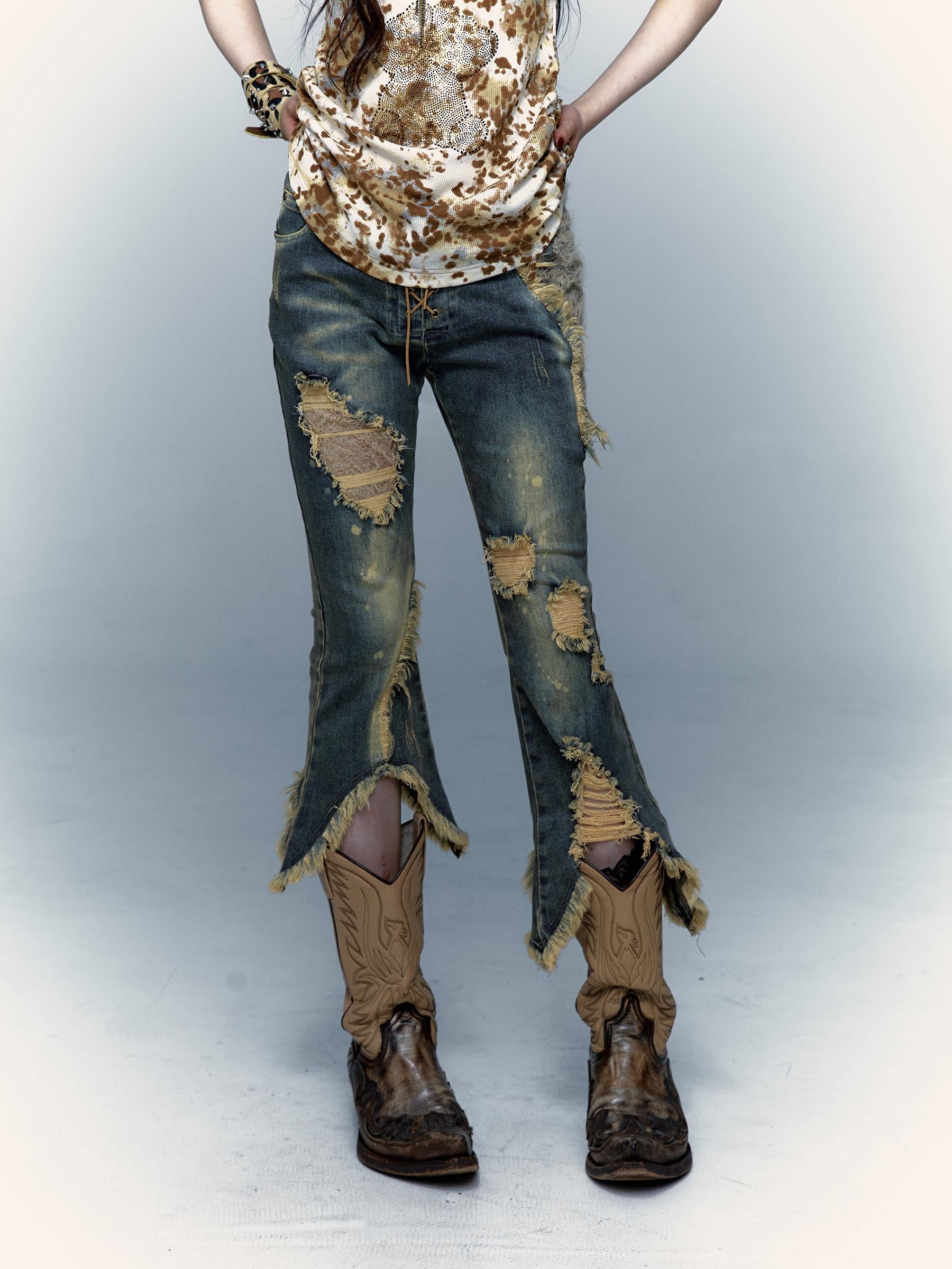 Vintage Punk Lace Distressed Washed Skinny Flared Capri Pants