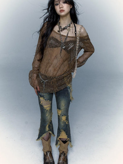Vintage Punk Lace Distressed Washed Skinny Flared Capri Pants