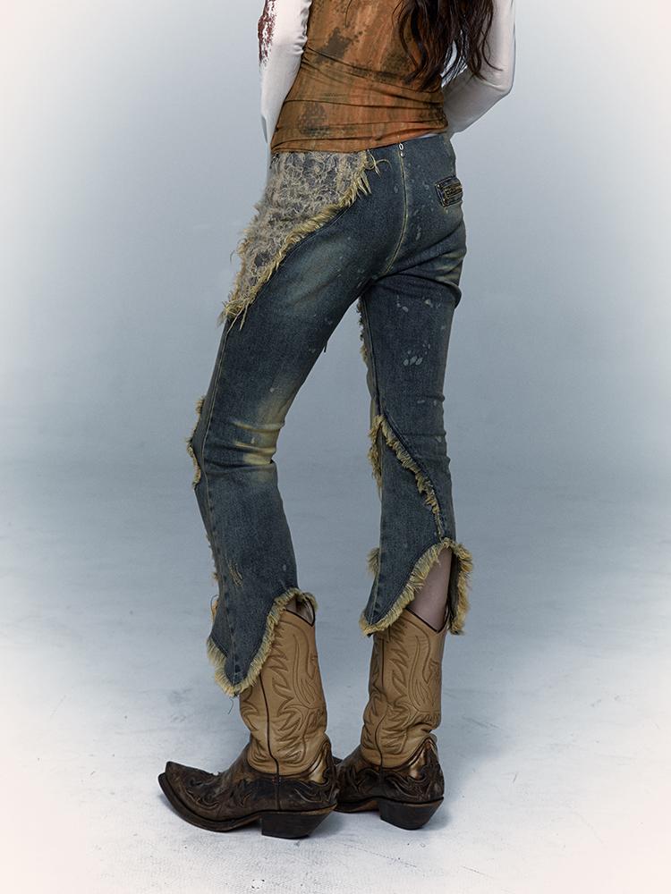 Vintage Punk Lace Distressed Washed Skinny Flared Capri Pants