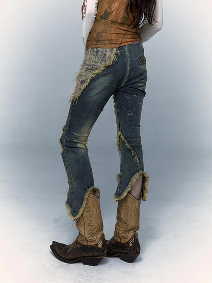 Vintage Punk Lace Distressed Washed Skinny Flared Capri Pants