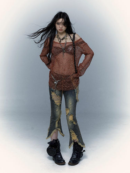 Vintage Punk Lace Distressed Washed Skinny Flared Capri Pants