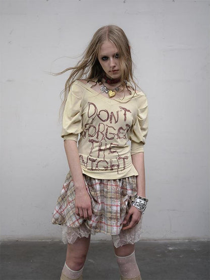 NO ROMANCE Vintage Punk Off-Shoulder Puff Sleeve Stretch Knit T-Shirt