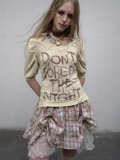 NO ROMANCE Vintage Punk Off-Shoulder Puff Sleeve Stretch Knit T-Shirt