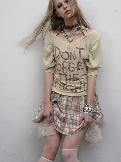 NO ROMANCE Vintage Punk Off-Shoulder Puff Sleeve Stretch Knit T-Shirt
